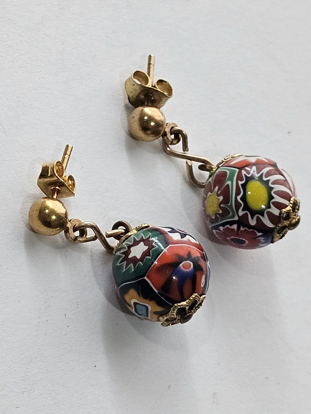 Gold-Tone Multicolor Millefiori Glass Drop Earrings. Murano ~ Vtg Pierced